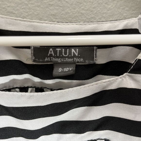 ATUN | Black & White Striped Flowy Maxi Dress Pom Pom Hem Girls 9-10 Years - Picture 3 of 5